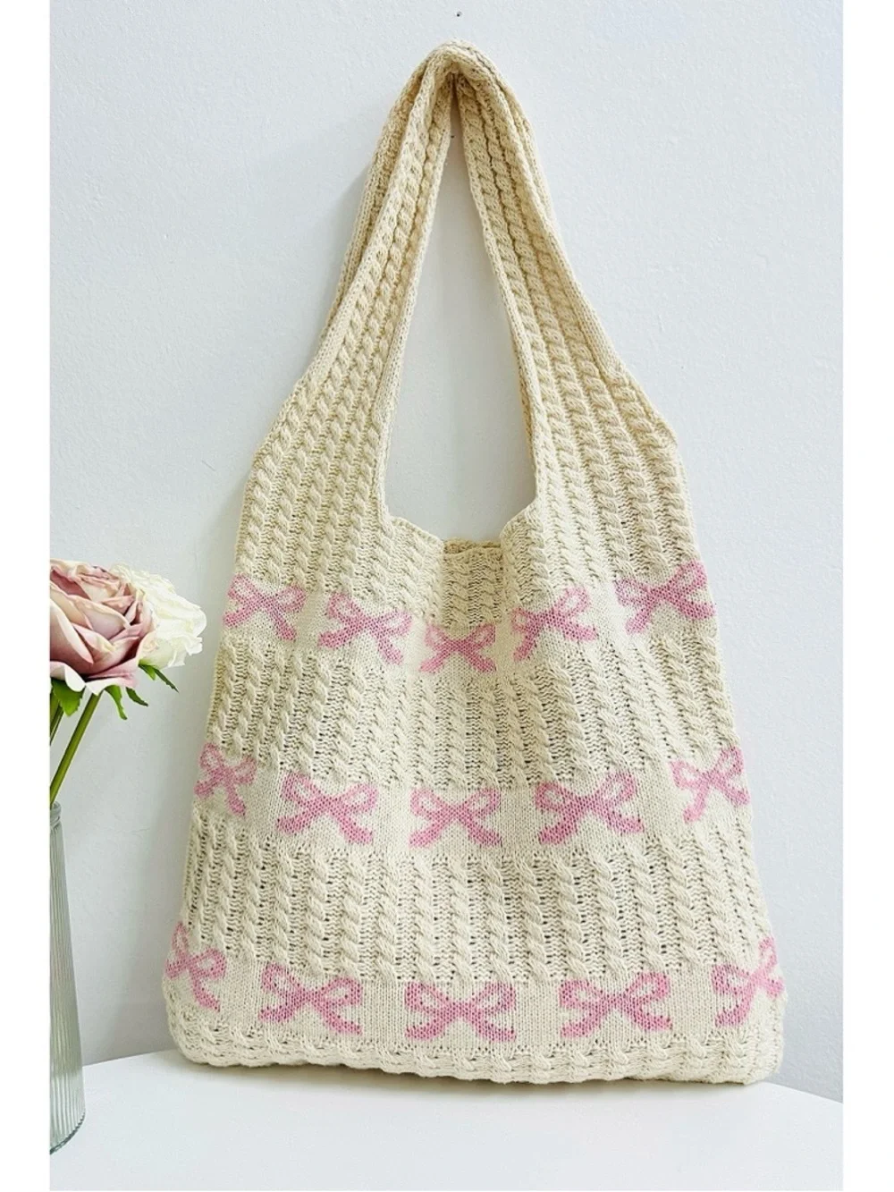 NEW Zenana Pink Knit Bow Tote Bag Cottagecore Coquette Shoulder Bag Neutral